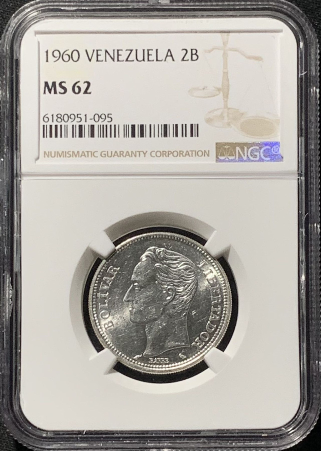 紫瑗钱币——第158期拍卖 委内瑞拉 1960年 2玻利瓦尔 银币 NGC MS62