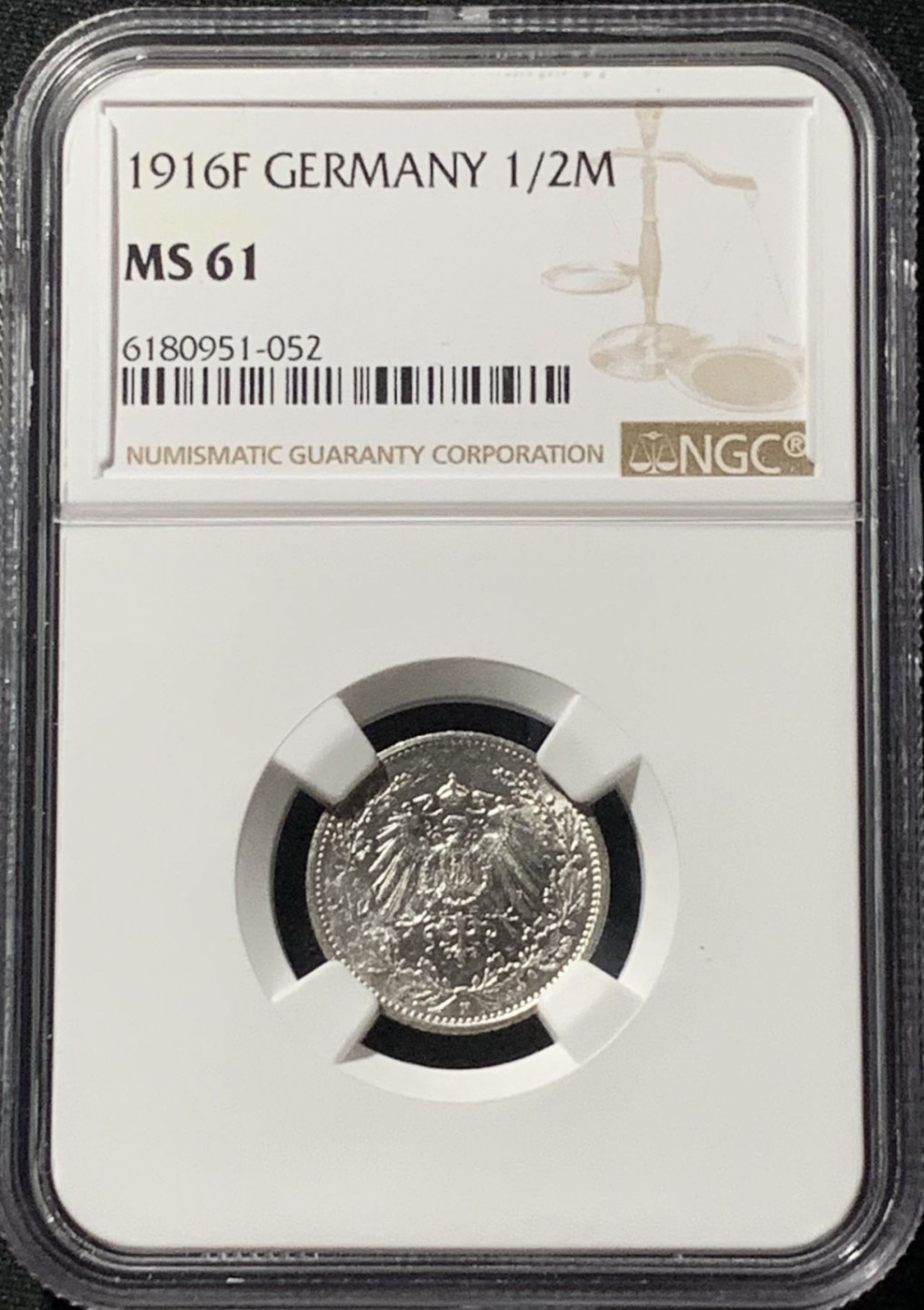 紫瑗钱币——第158期拍卖 德国 1916年 F版 第二帝国 1/2马克 银币 NGC MS61