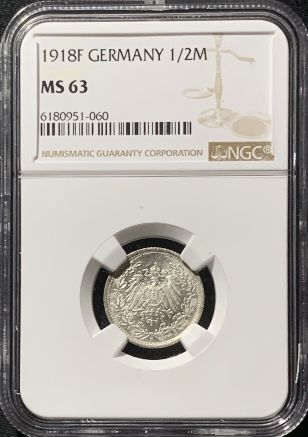 紫瑗钱币——第158期拍卖 德国 1918年 F版 第二帝国 1/2马克 银币 NGC MS63