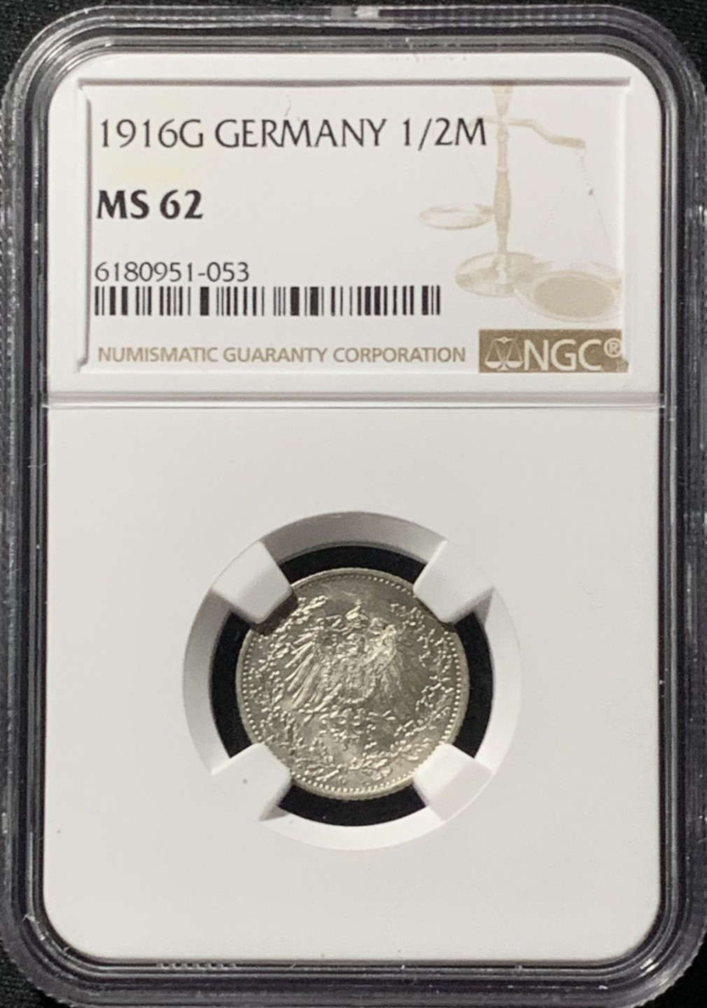 紫瑗钱币——第158期拍卖 德国 1916年 G版 第二帝国 1/2马克 银币 NGC MS62