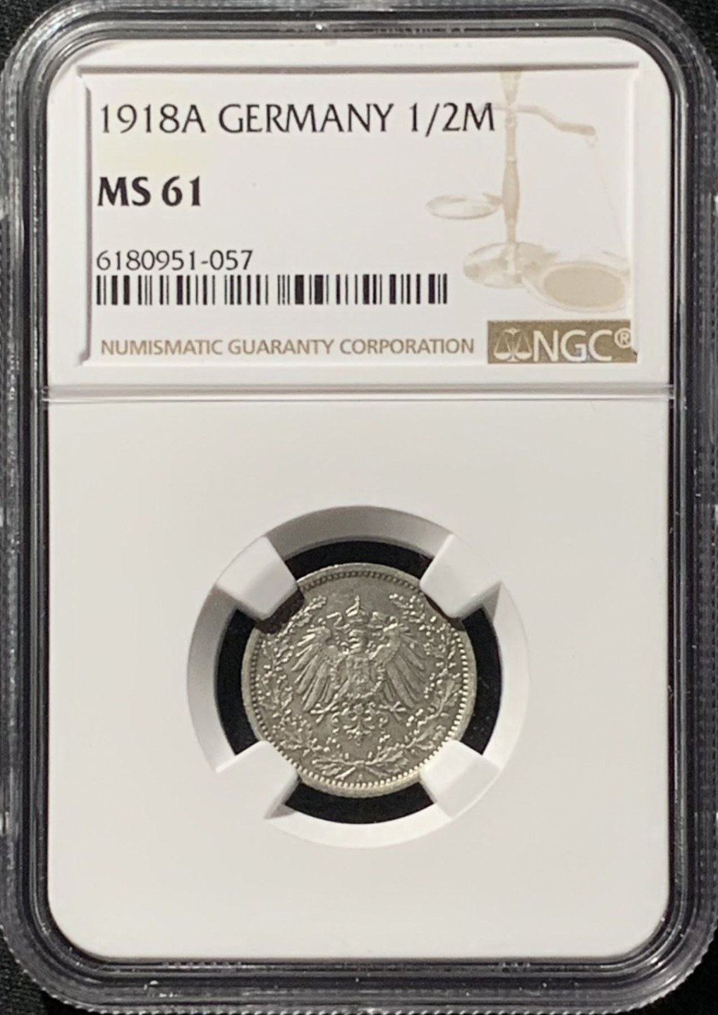 紫瑗钱币——第158期拍卖 德国 1918年 A版 第二帝国 1/2马克 银币 NGC MS61