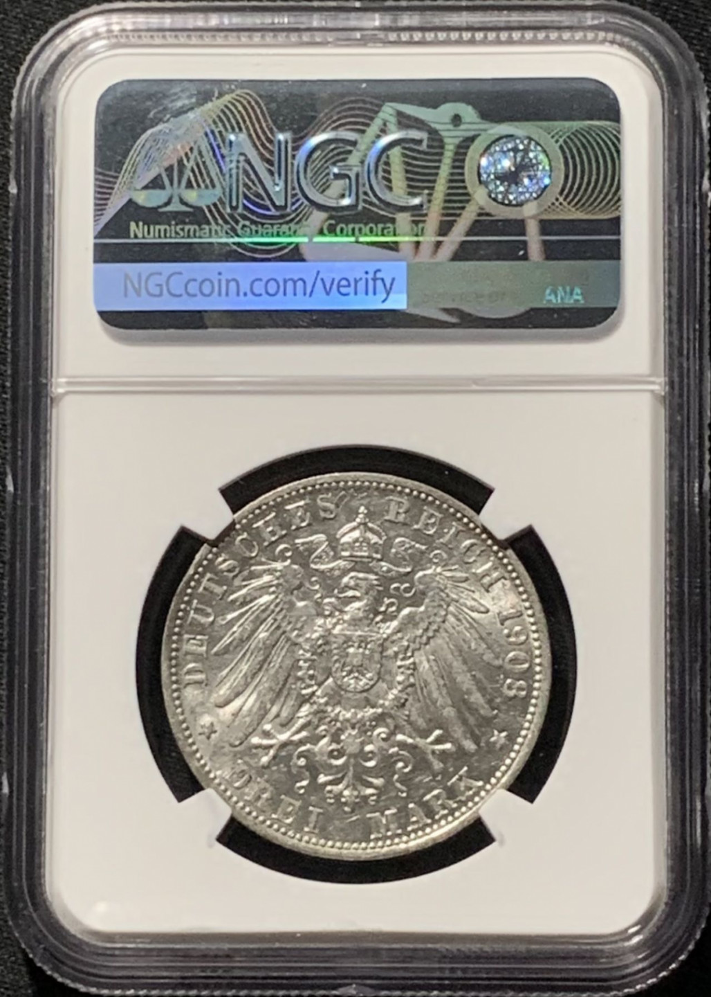 紫瑗钱币——第158期拍卖 德国 巴伐利亚 1908年 奥拓国王 3马克 银币 NGC AU55