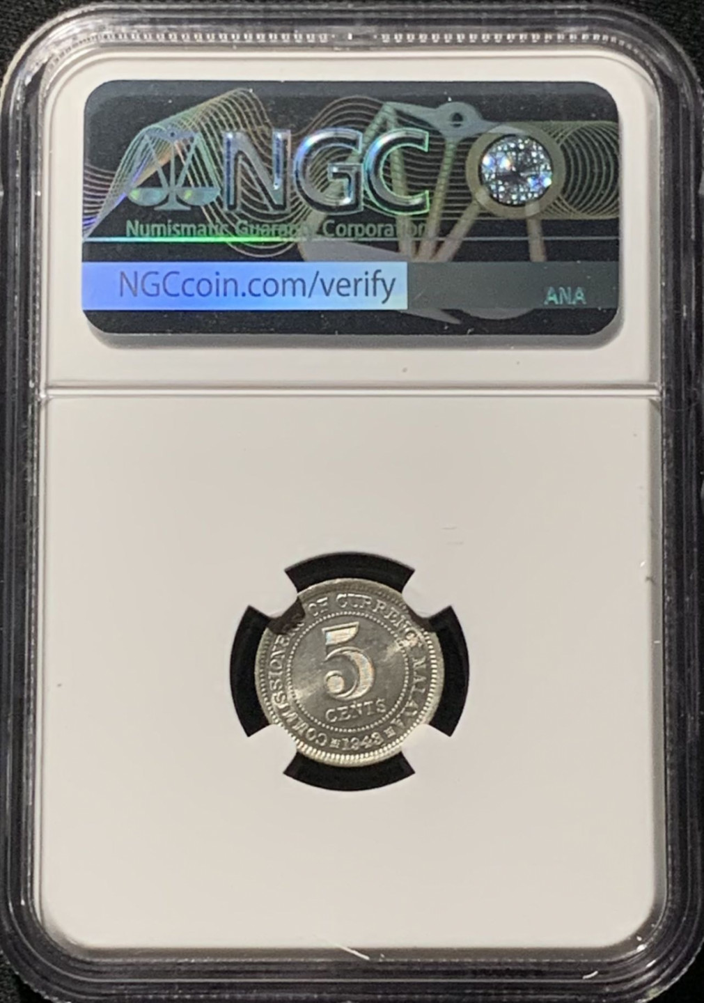 紫瑗钱币——第158期拍卖 马来亚 1943年 乔治六世 5分 银币 NGC MS62
