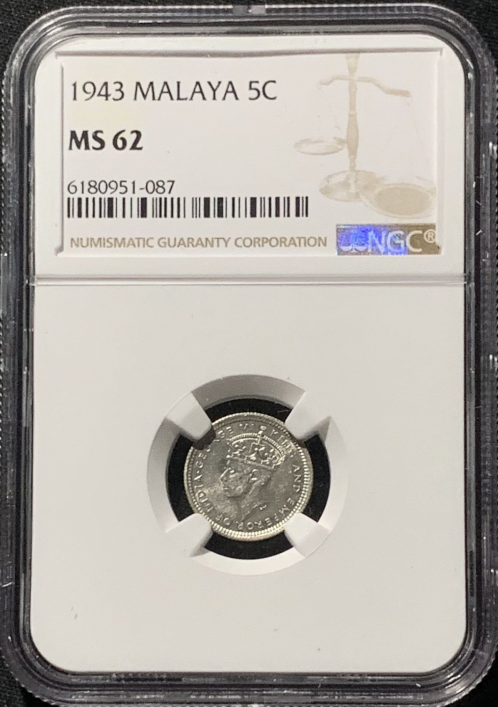 紫瑗钱币——第158期拍卖 马来亚 1943年 乔治六世 5分 银币 NGC MS62