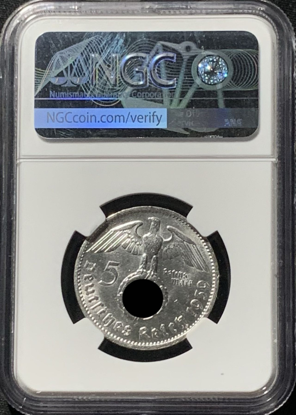 紫瑗钱币——第158期拍卖 德国 1939年 F版 兴登堡 字符版 5马克 银币 NGC MS61