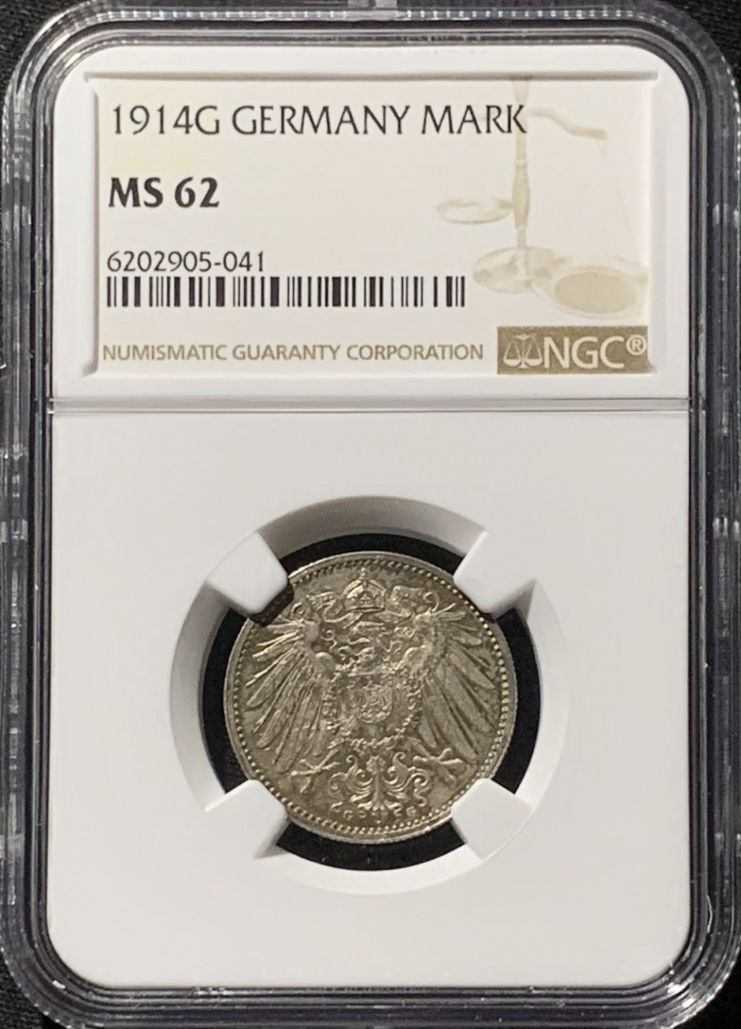 紫瑗钱币——第158期拍卖 德国 1914年 G版 第二帝国 长翅 1马克 银币 NGC MS62