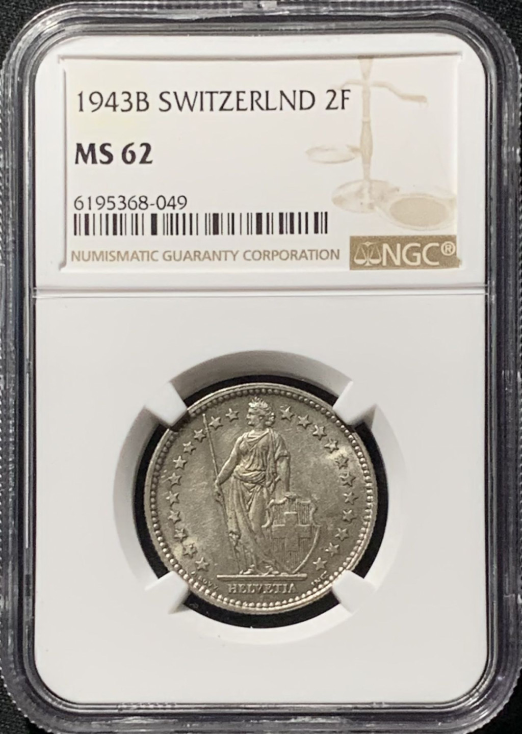 紫瑗钱币——第158期拍卖 瑞士 1943年 2法郎 银币 NGC MS62