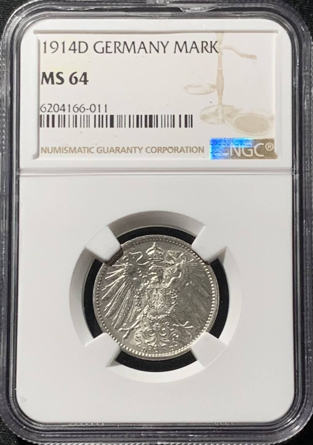 紫瑗钱币——第158期拍卖 德国 1914年 D版 第二帝国 长翅 1马克 银币 NGC MS64