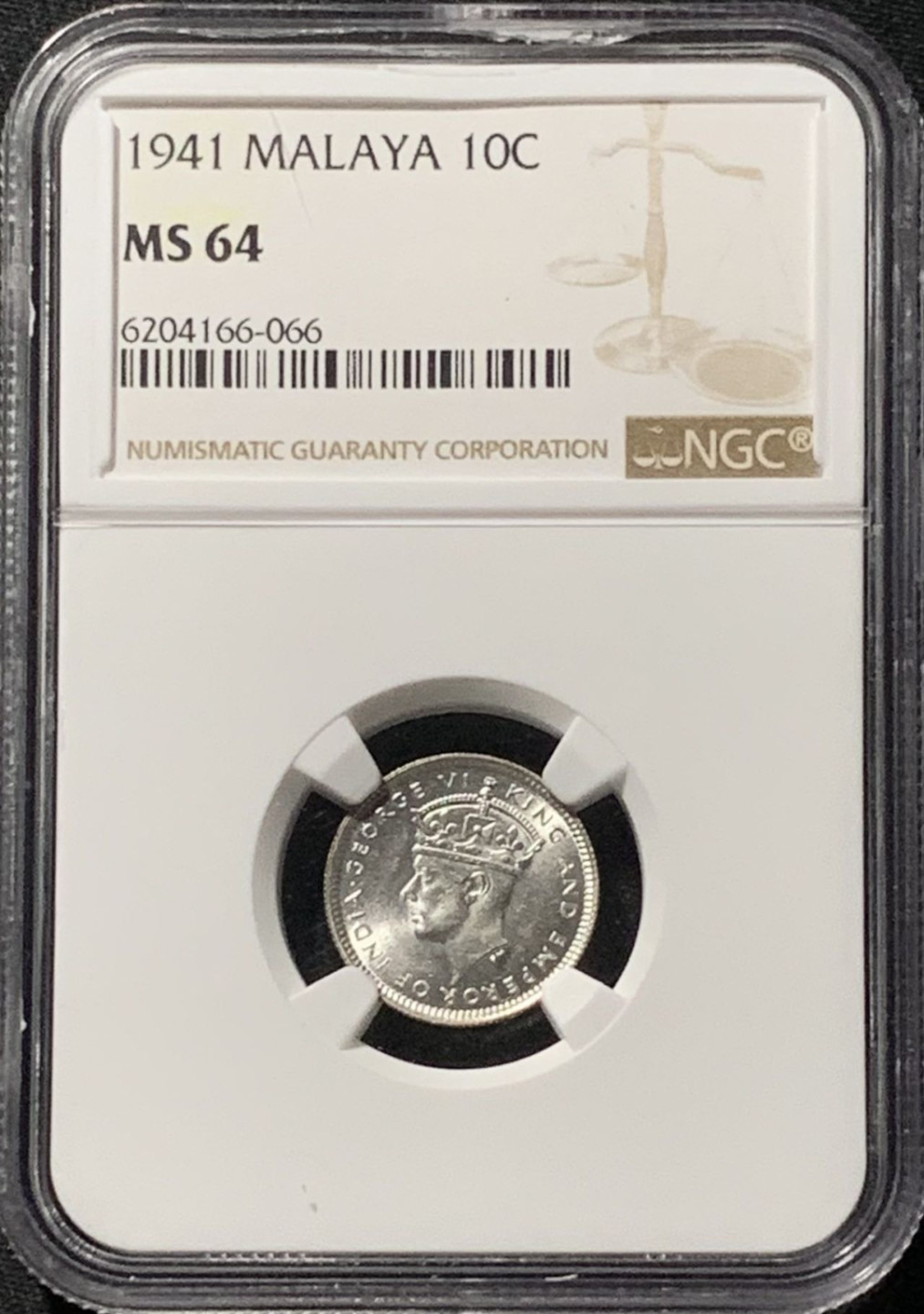 紫瑗钱币——第158期拍卖 马来亚 1941年 乔治六世 10分 银币 NGC MS64