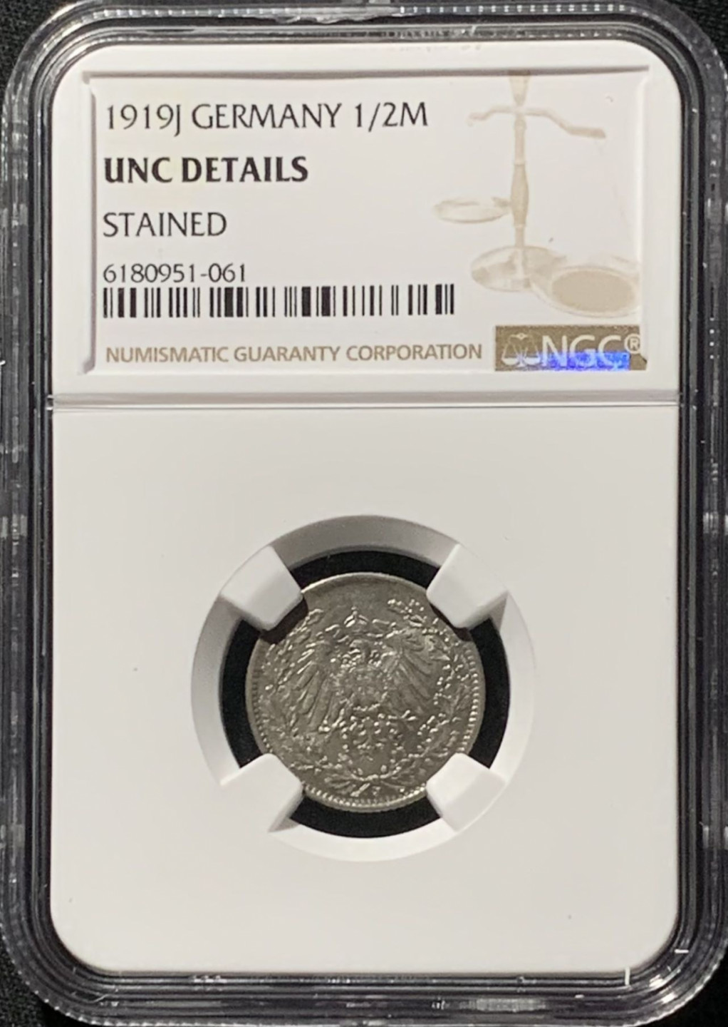 紫瑗钱币——第158期拍卖 德国 1919年 J版 第二帝国 1/2马克 银币 NGC UNC Detail