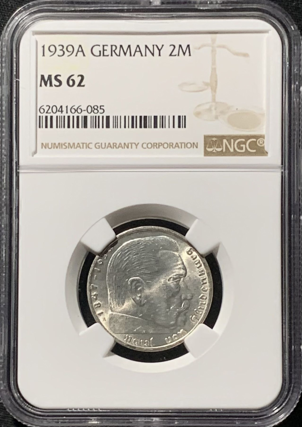 紫瑗钱币——第158期拍卖 德国 1939年 A版 兴登堡 字符版 2马克 银币 NGC MS62