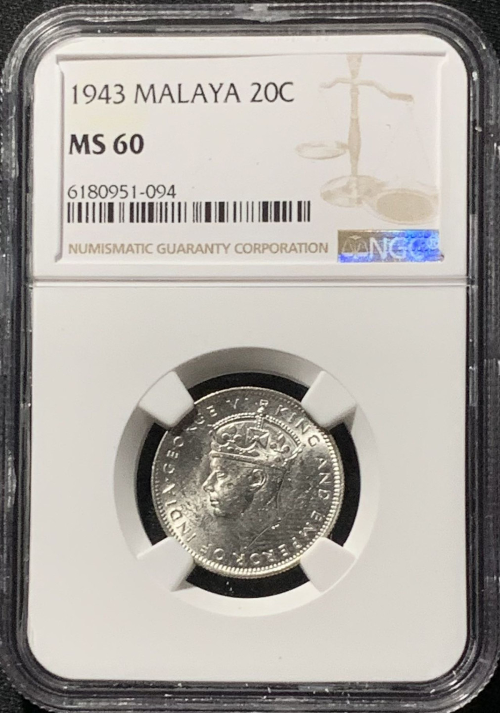 紫瑗钱币——第158期拍卖 马来亚 1943年 乔治六世 20分 银币 NGC MS60