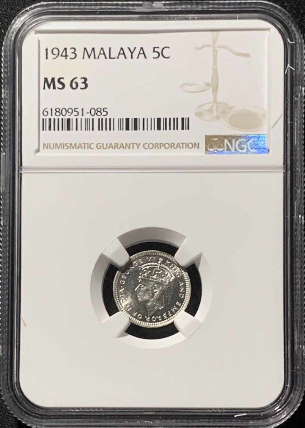 紫瑗钱币——第158期拍卖 马来亚 1943年 乔治六世 5分 银币 NGC MS63