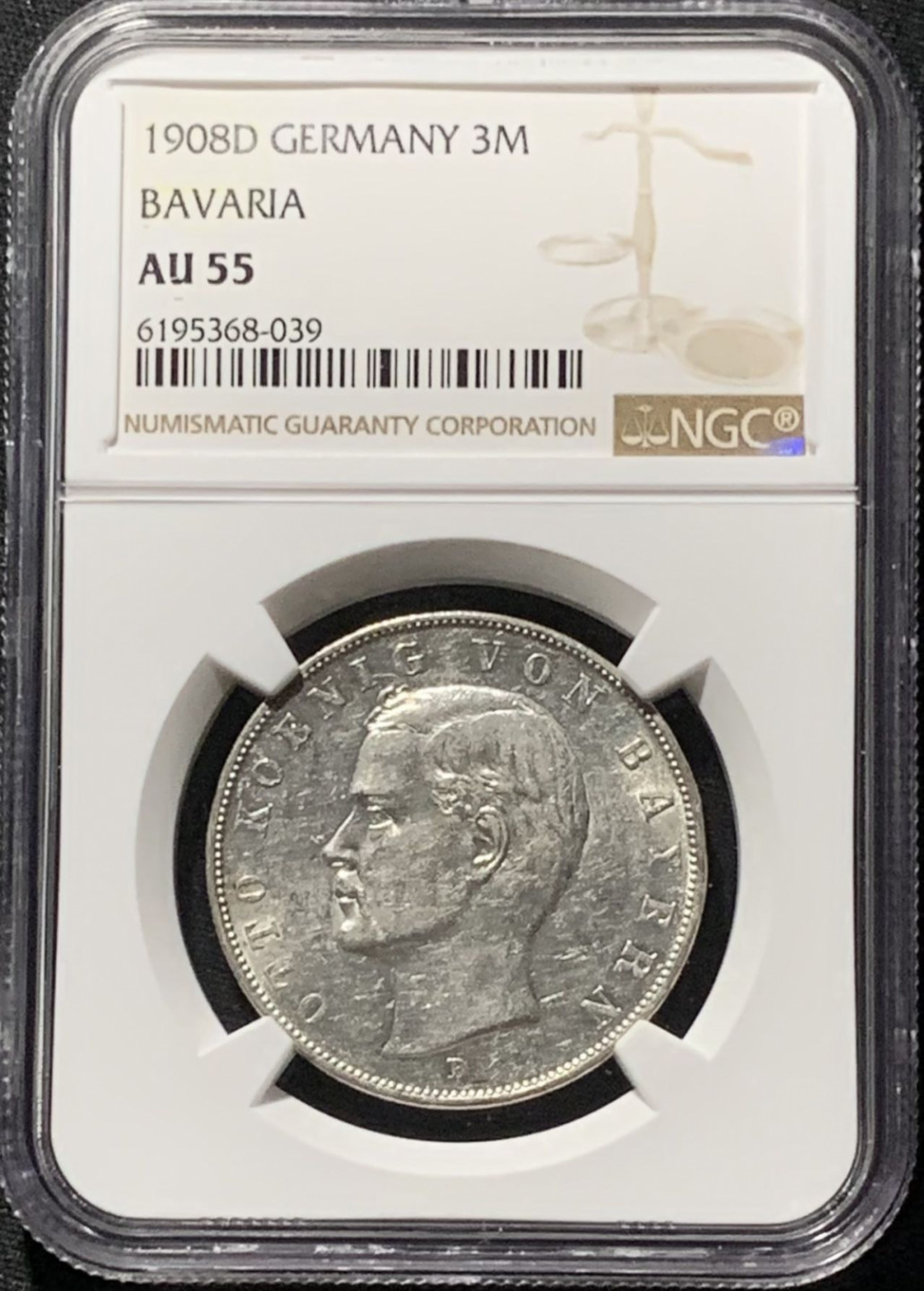 紫瑗钱币——第158期拍卖 德国 巴伐利亚 1908年 奥拓国王 3马克 银币 NGC AU55
