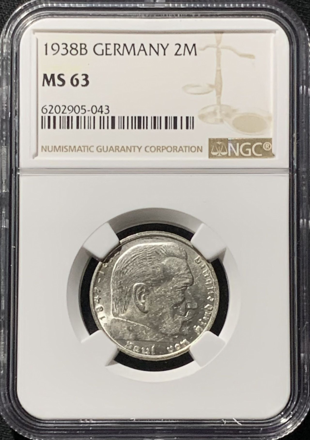 紫瑗钱币——第158期拍卖 德国 1938年 B版 兴登堡 字符版 2马克 银币 NGC MS63