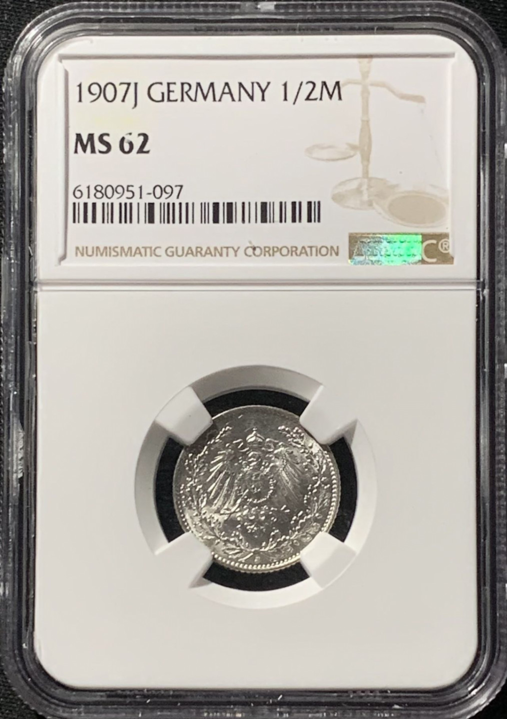 紫瑗钱币——第158期拍卖 德国 1907年 J版 第二帝国 1/2马克 银币 NGC MS62