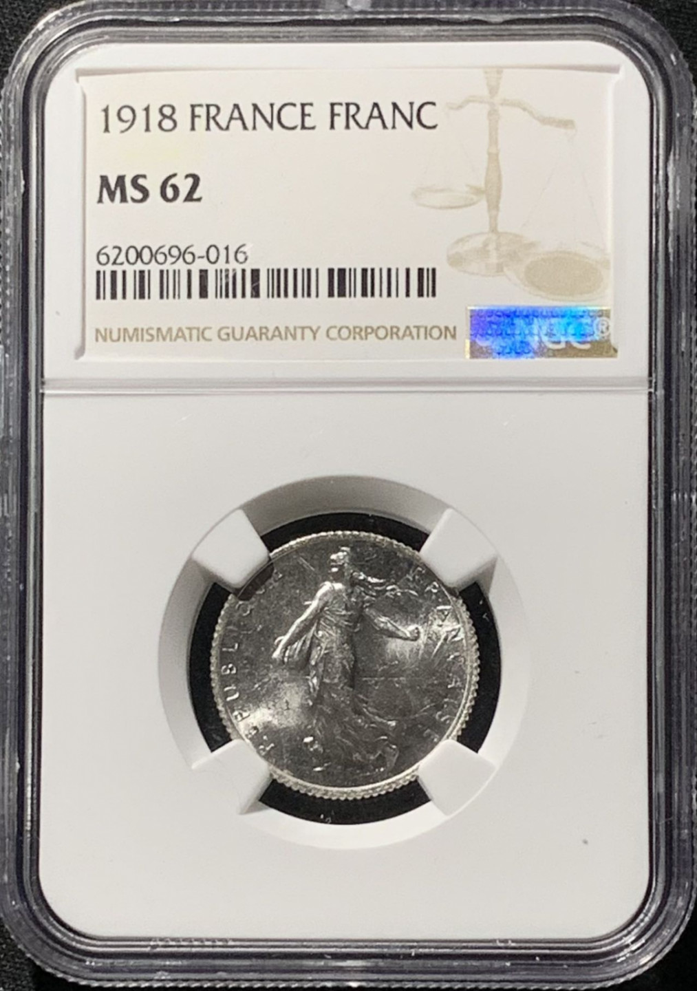 紫瑗钱币——第158期拍卖 法国 1918年 播种女神 1法郎 银币 NGC MS62