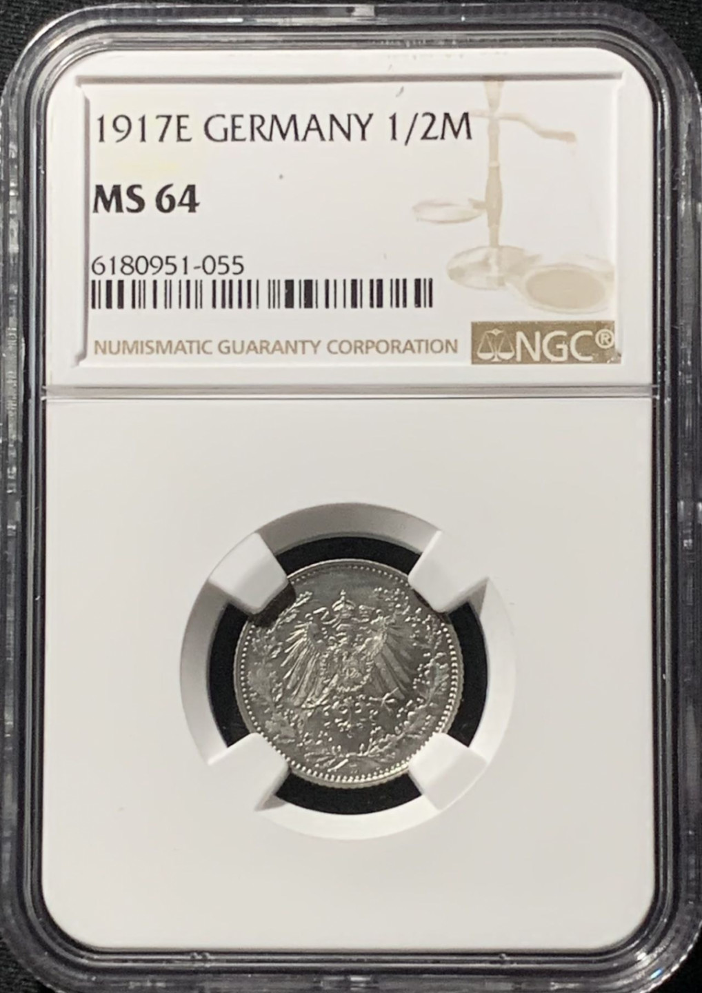 紫瑗钱币——第158期拍卖 德国 1917年 E版 第二帝国 1/2马克 银币 NGC MS64