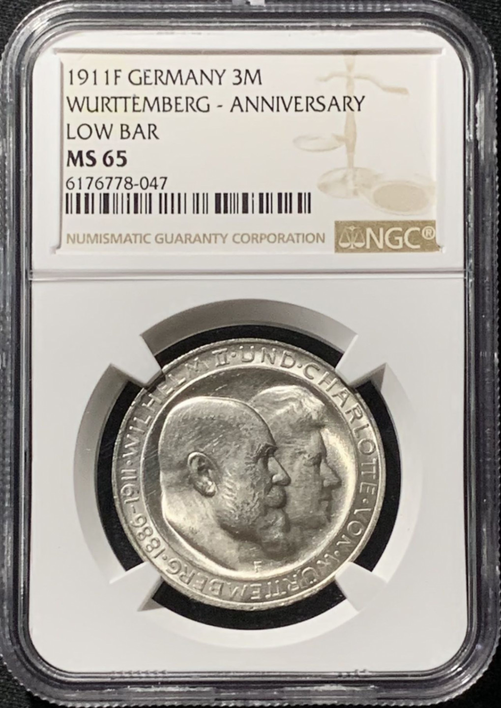 紫瑗钱币——第158期拍卖 德国 符腾堡 1911年 银婚 3马克 银币 NGC MS65