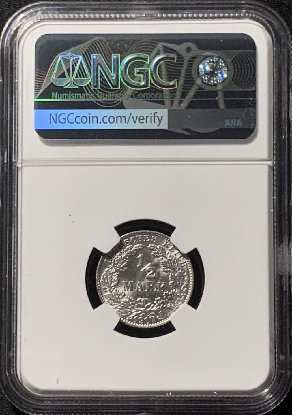 紫瑗钱币——第158期拍卖 德国 1907年 J版 第二帝国 1/2马克 银币 NGC MS62