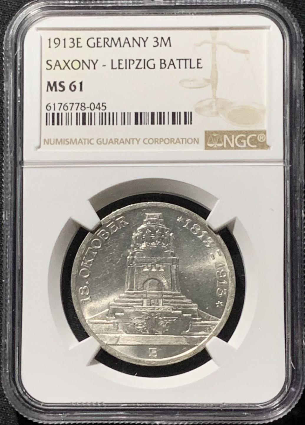 紫瑗钱币——第158期拍卖 德国 萨克森 1913年 莱比锡战役 3马克 银币 NGC MS61