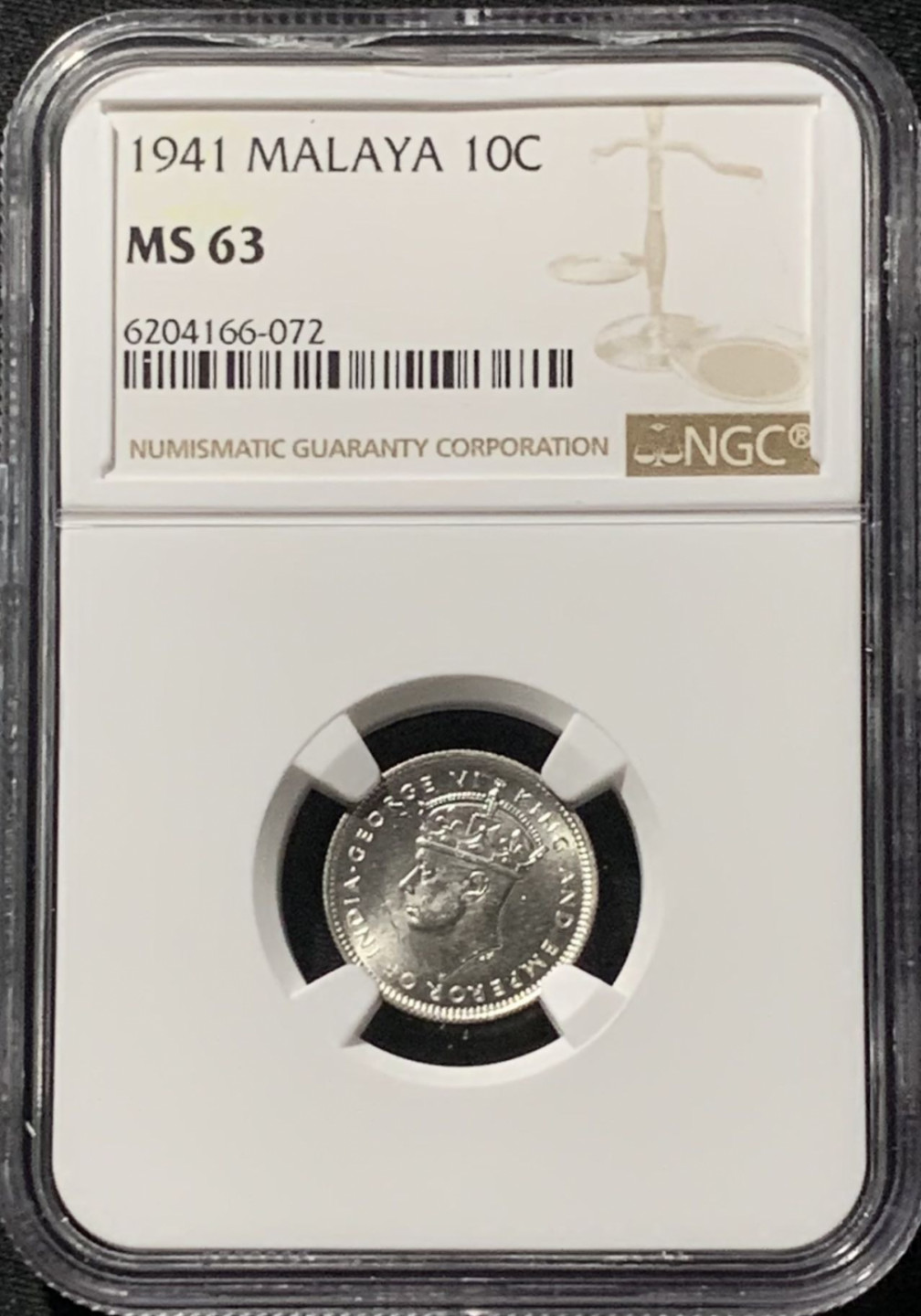 紫瑗钱币——第158期拍卖 马来亚 1941年 乔治六世 10分 银币 NGC MS63