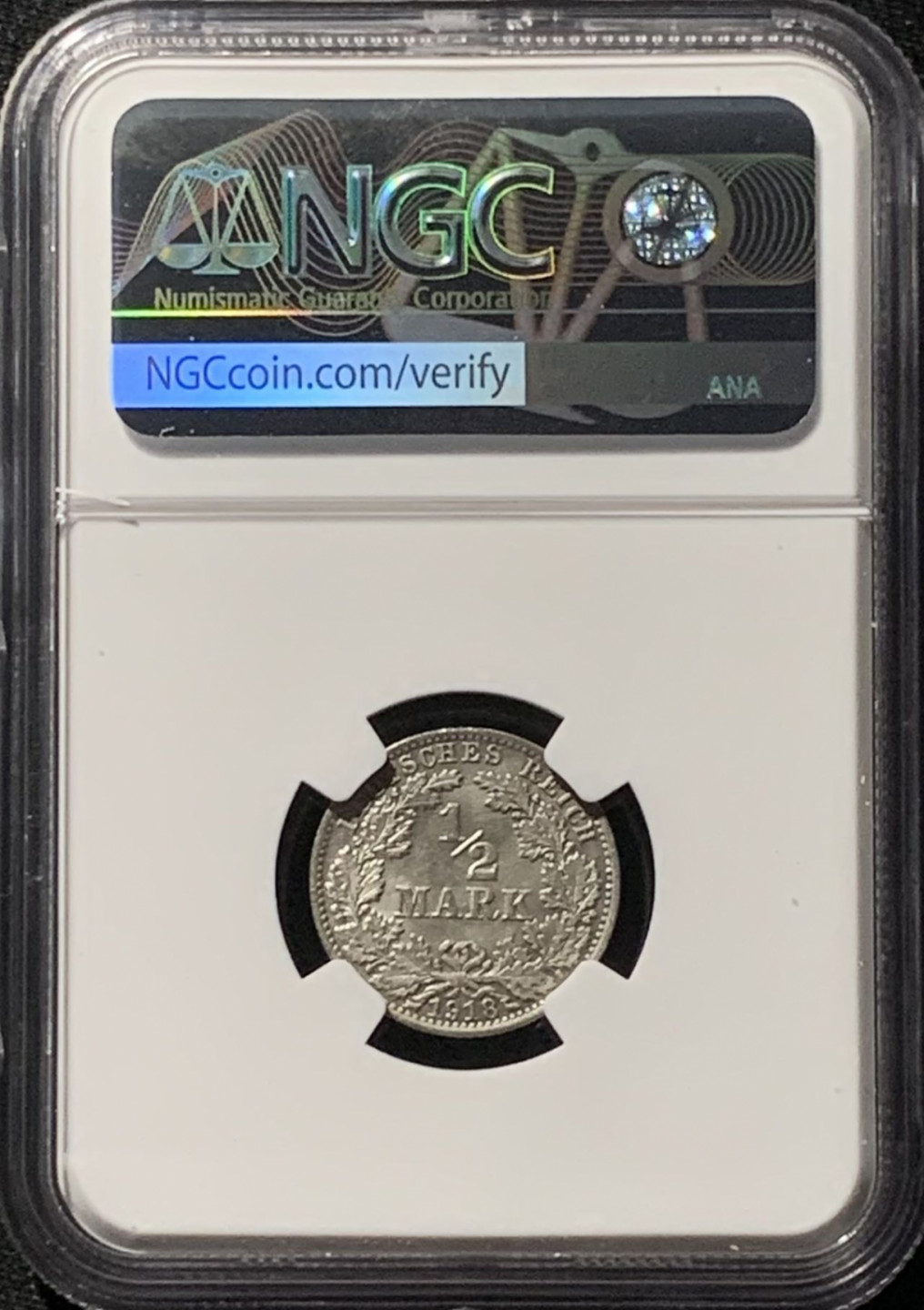 紫瑗钱币——第158期拍卖 德国 1918年 A版 第二帝国 1/2马克 银币 NGC MS61