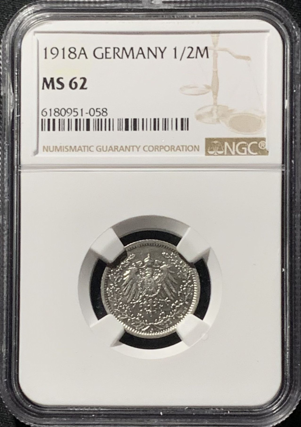 紫瑗钱币——第158期拍卖 德国 1918年 A版 第二帝国 1/2马克 银币 NGC MS62