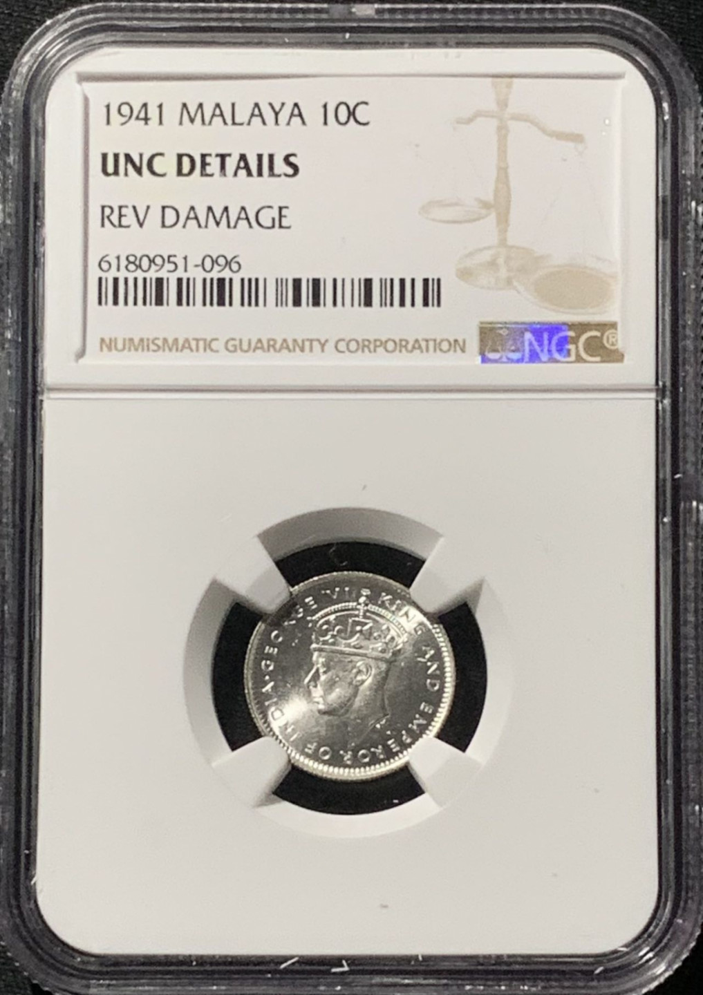 紫瑗钱币——第158期拍卖 马来亚 1941年 乔治六世 10分 银币 NGC UNC Detail
