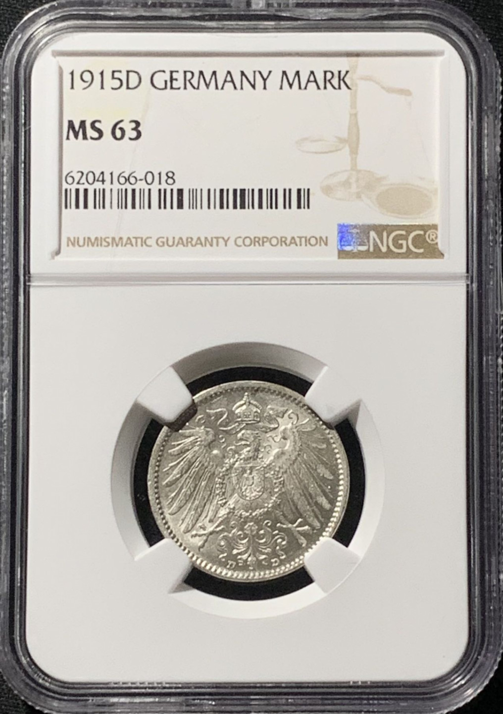 紫瑗钱币——第158期拍卖 德国 1915年 D版 第二帝国 长翅 1马克 银币 NGC MS63