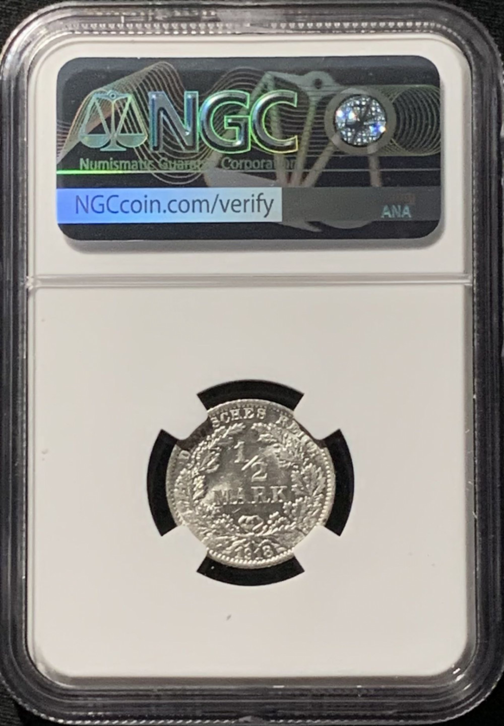 紫瑗钱币——第158期拍卖 德国 1918年 F版 第二帝国 1/2马克 银币 NGC MS63