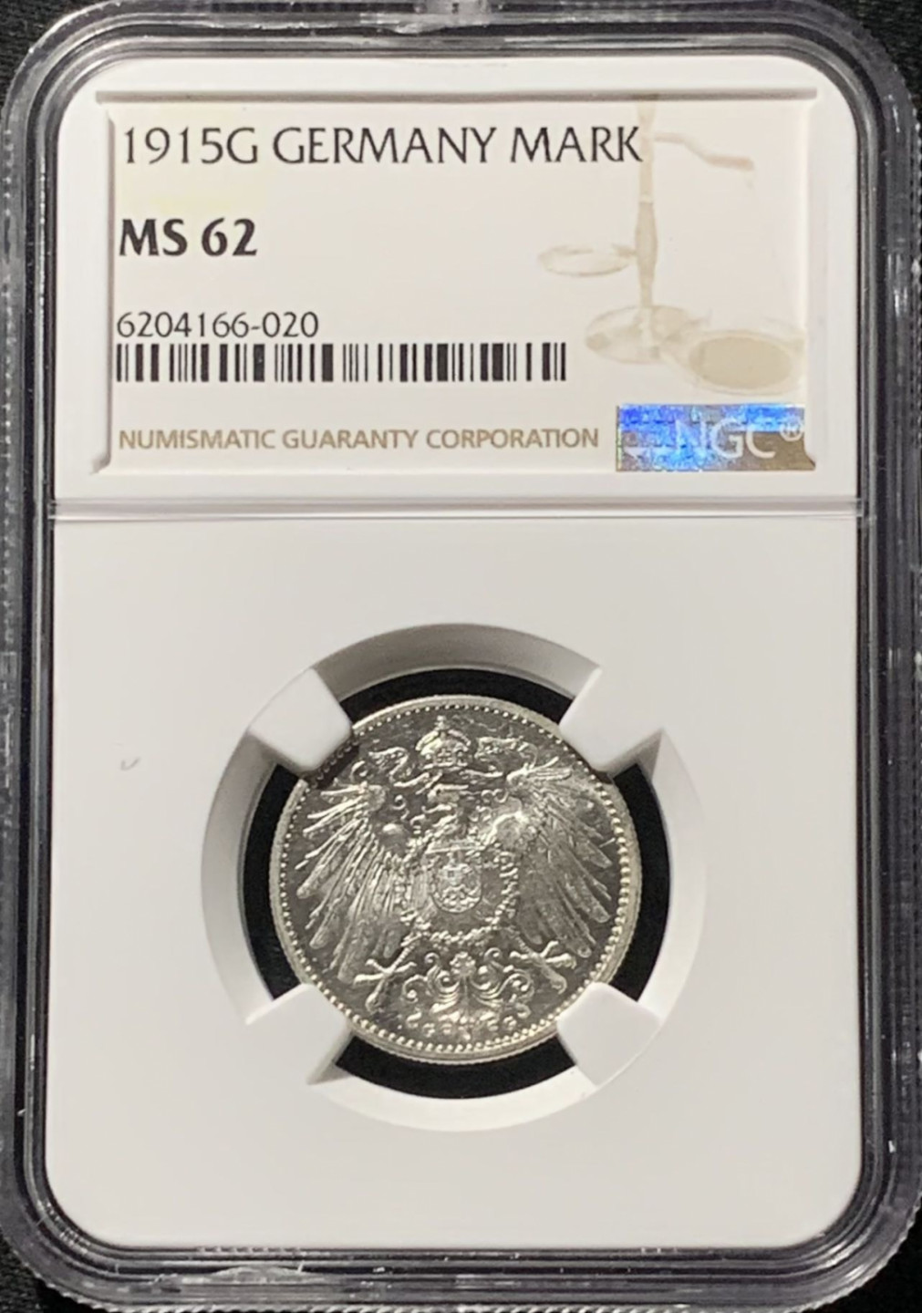 紫瑗钱币——第158期拍卖 德国 1915年 G版 第二帝国 长翅 1马克 银币 NGC MS62