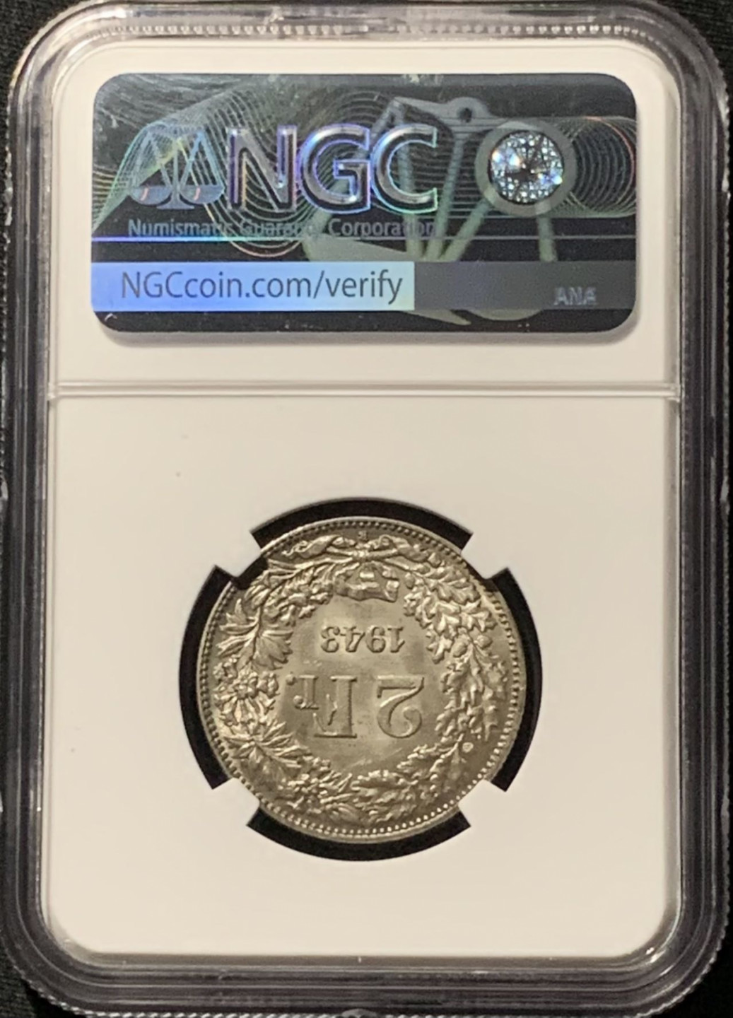 紫瑗钱币——第158期拍卖 瑞士 1943年 2法郎 银币 NGC MS62