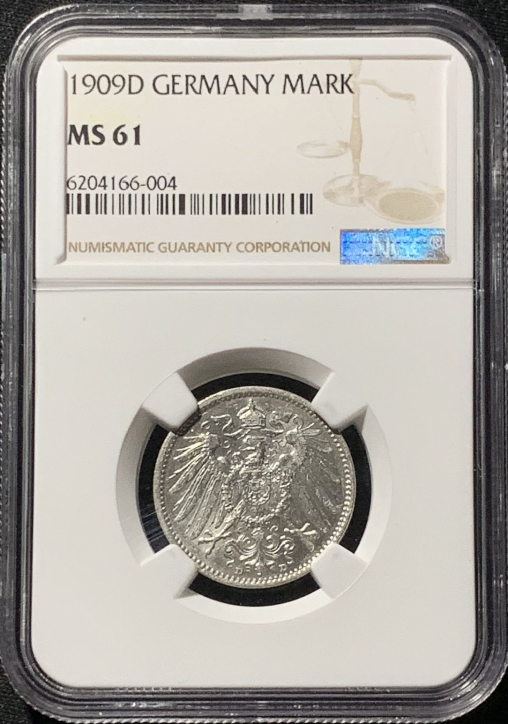 紫瑗钱币——第158期拍卖 德国 1909年 D版 第二帝国 长翅 1马克 银币 NGC MS61