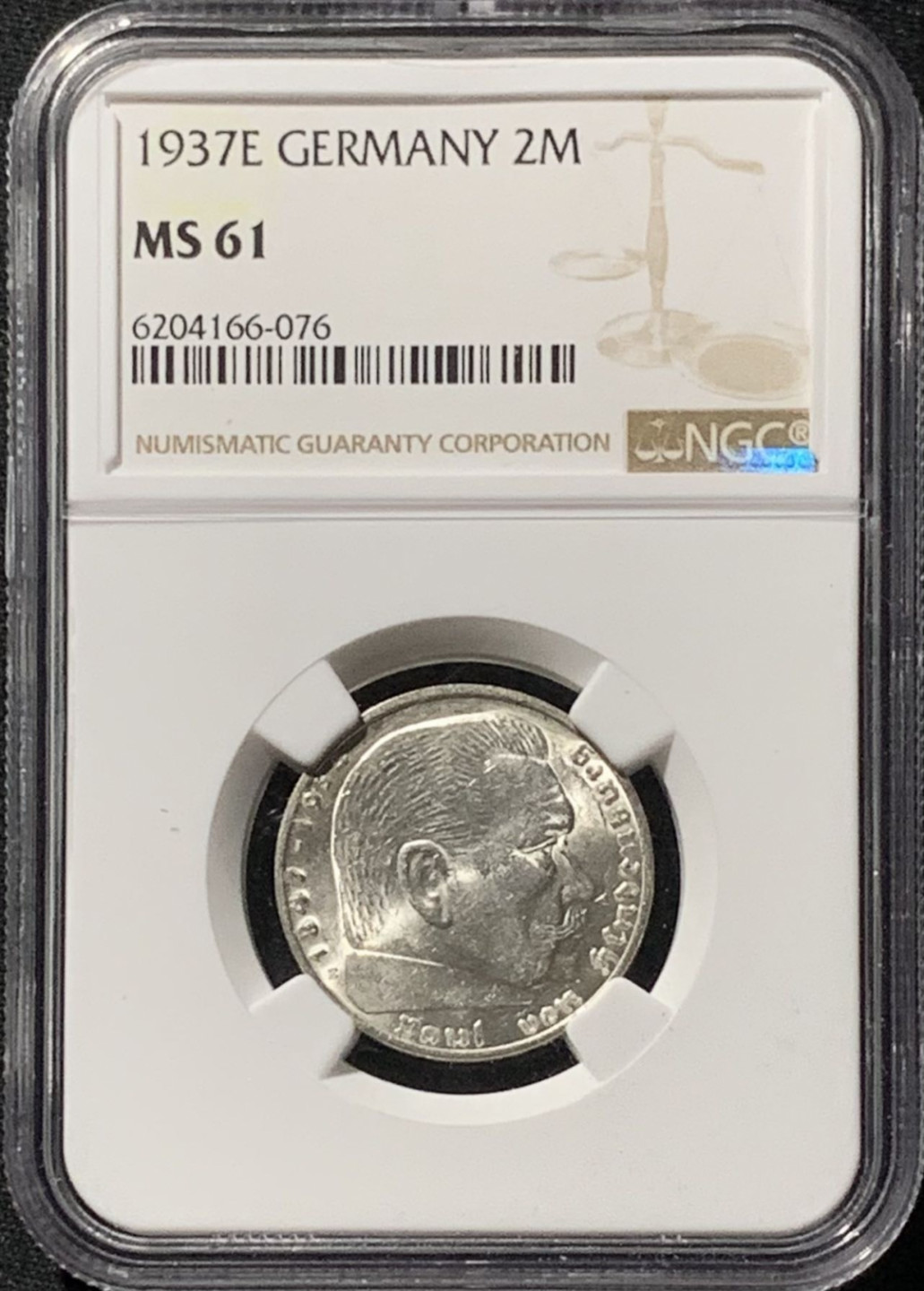 紫瑗钱币——第158期拍卖 德国 1937年 E版 兴登堡 字符版 2马克 银币 NGC MS61