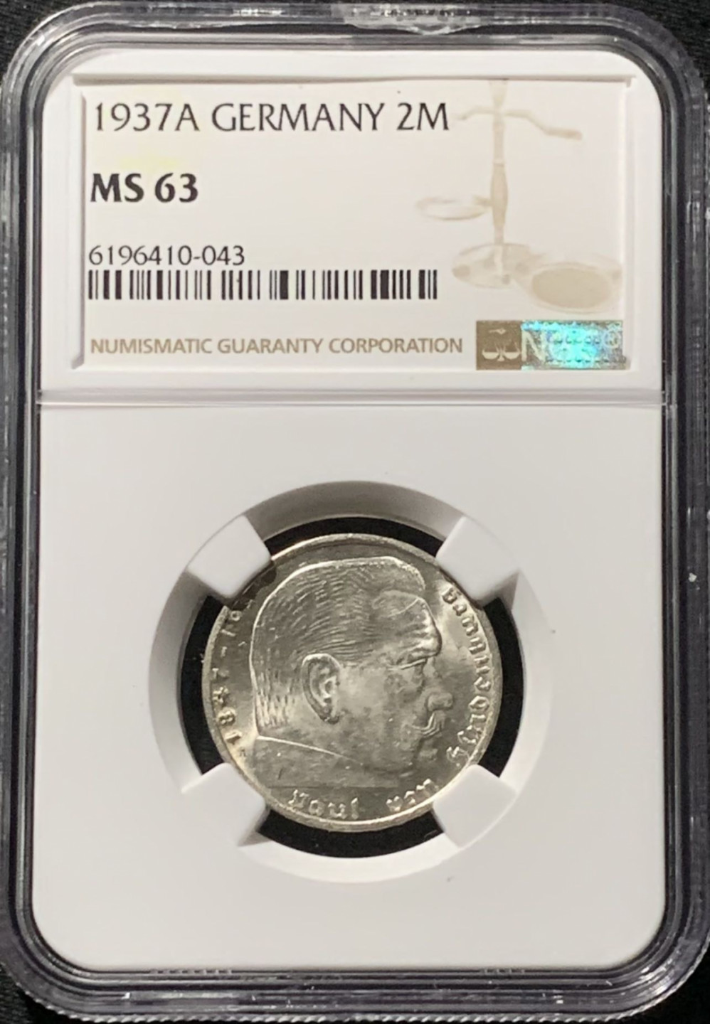 紫瑗钱币——第159期拍卖 德国 1937年 A版 兴登堡 字符版 2马克 银币 NGC MS63