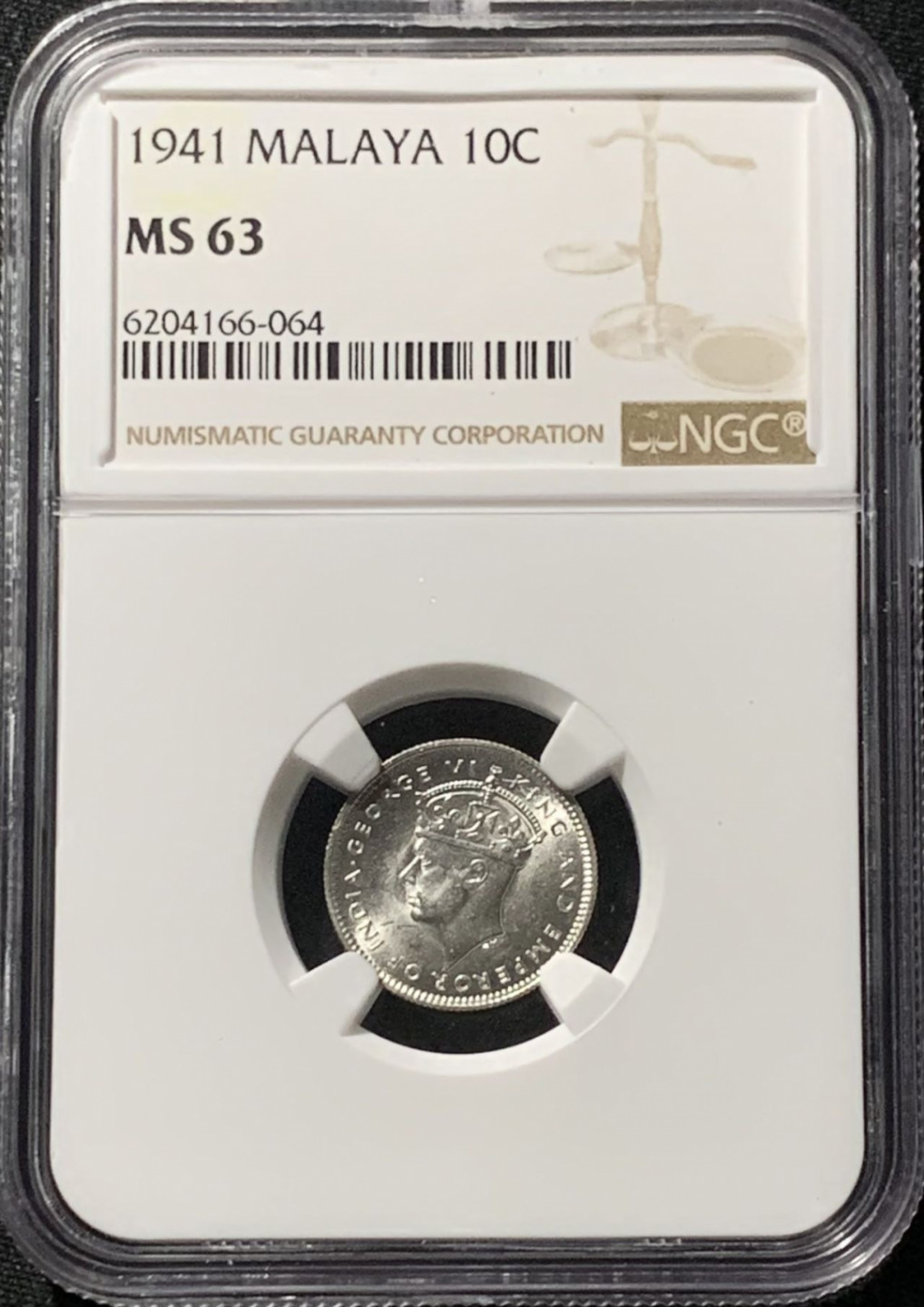 紫瑗钱币——第159期拍卖 马来亚 1941年 乔治六世 10分 银币 NGC MS63