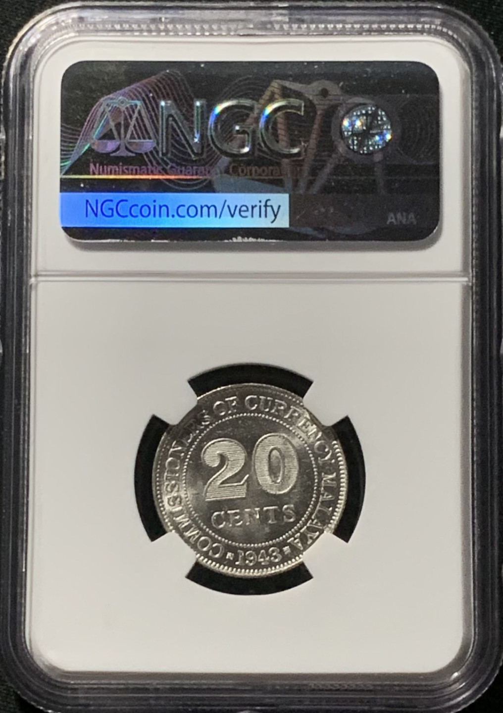 紫瑗钱币——第159期拍卖 马来亚 1943年 乔治六世 20分 银币 NGC MS63