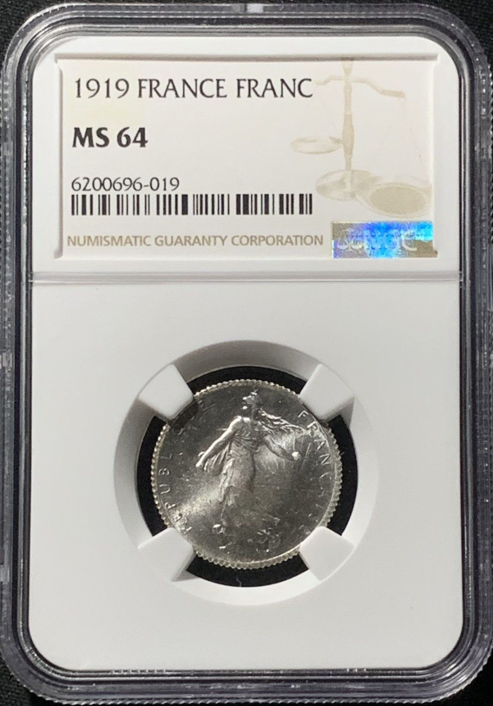 紫瑗钱币——第159期拍卖 法国 1919年 播种女神 1法郎 银币 NGC MS64