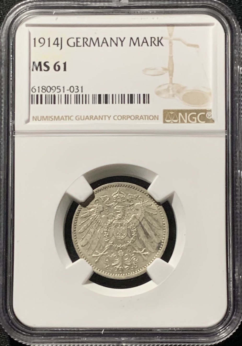 紫瑗钱币——第159期拍卖 德国 1914年 J版 第二帝国 长翅 1马克 银币 NGC MS61