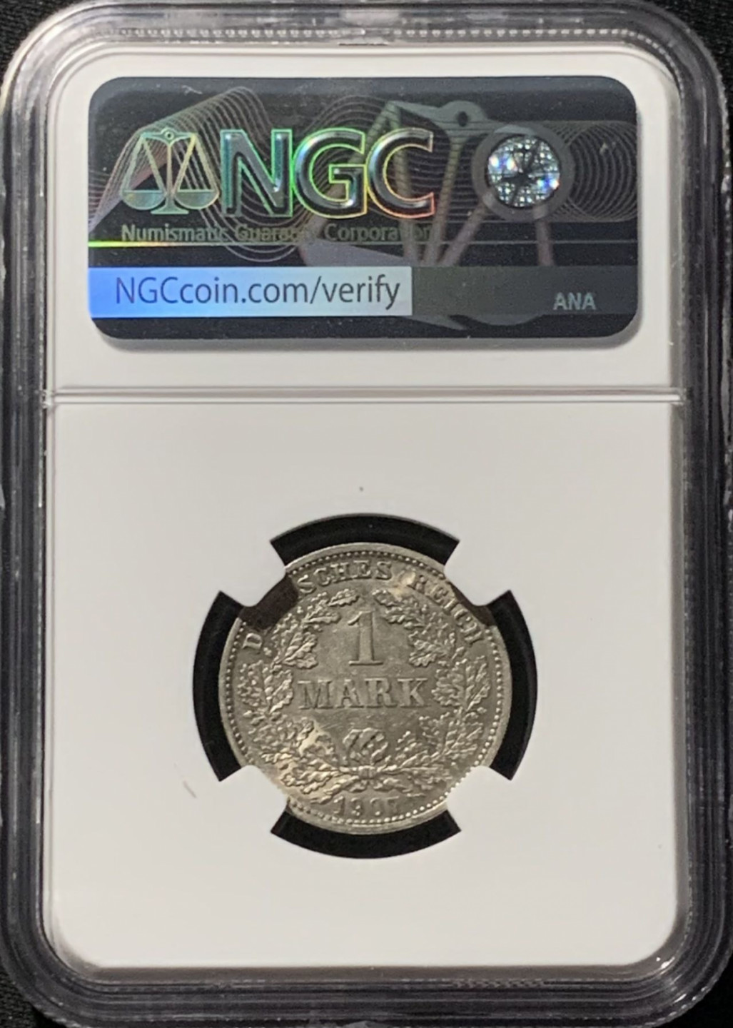 紫瑗钱币——第159期拍卖 德国 1907年 D版 第二帝国 长翅 1马克 银币 NGC AU58