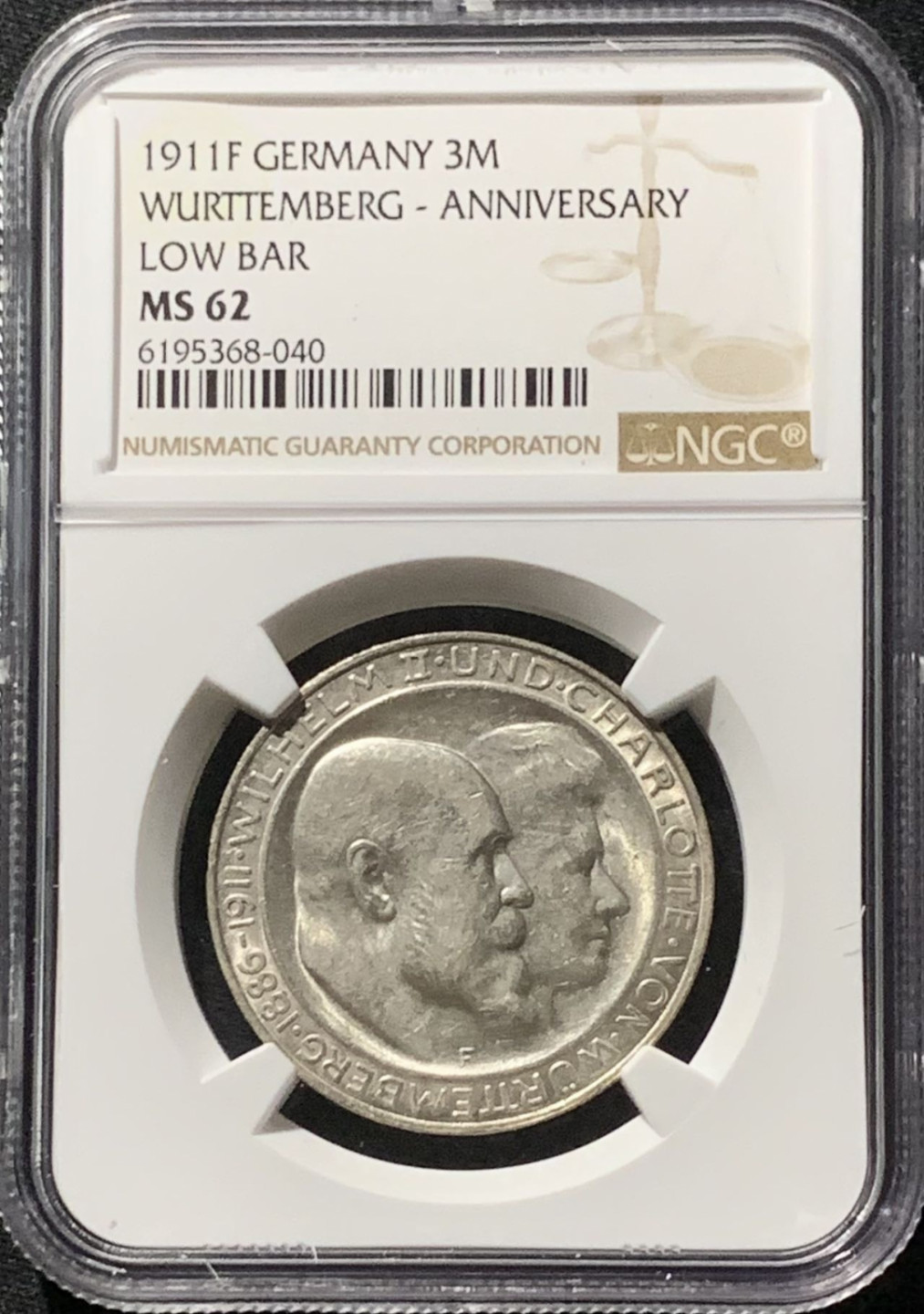 紫瑗钱币——第159期拍卖 德国 符腾堡 1911年 银婚 3马克 银币 NGC MS62