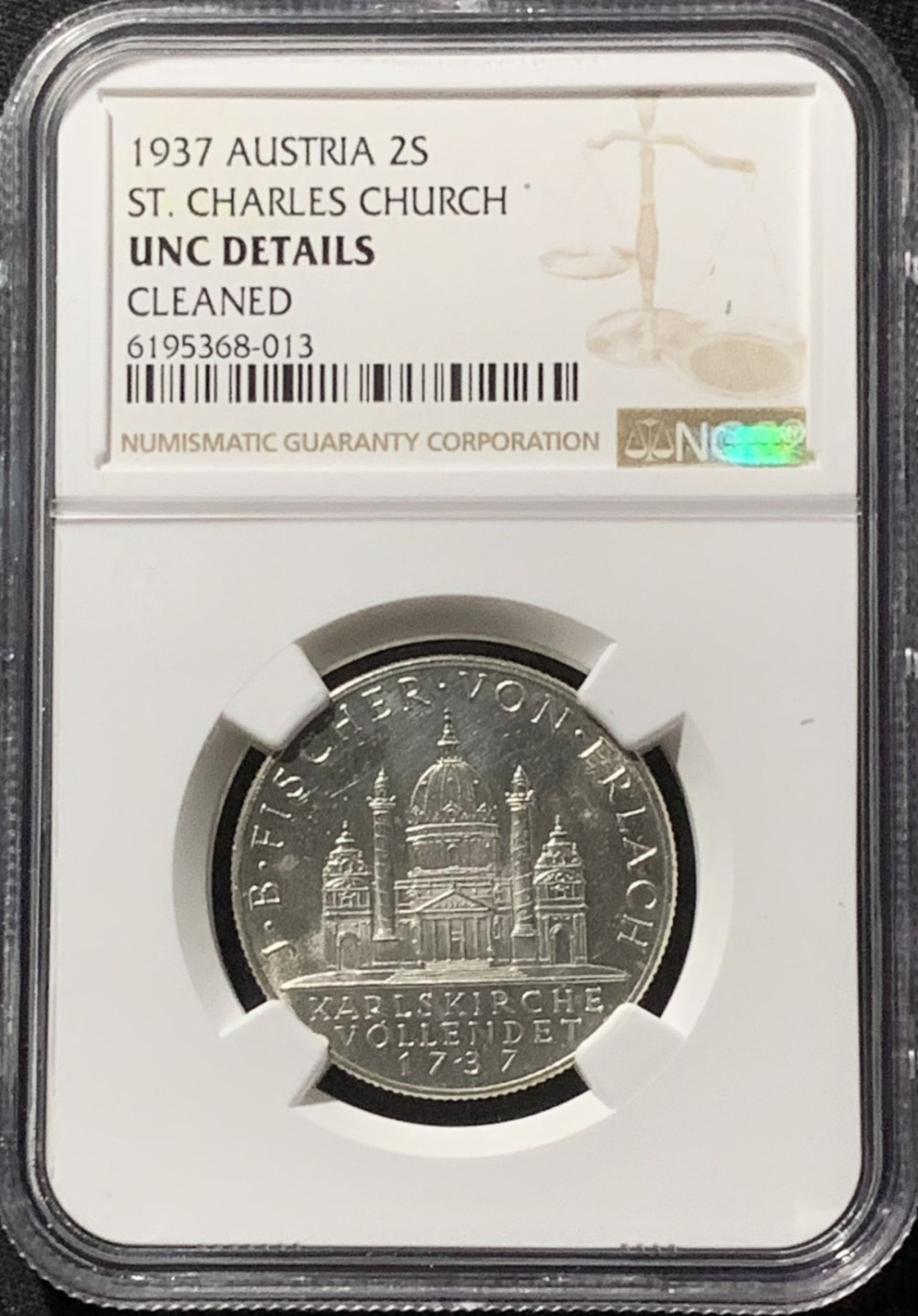 紫瑗钱币——第159期拍卖 奥地利 1937年 圣查尔斯教堂 2先令 银币 NGC UNC Detail