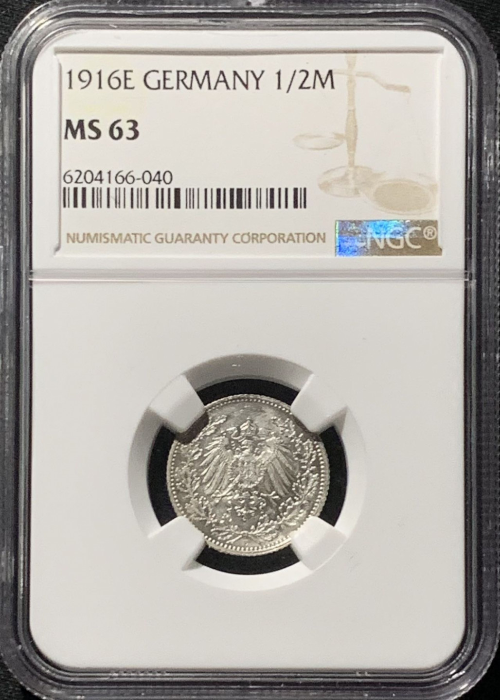 紫瑗钱币——第159期拍卖 德国 1916年 E版 第二帝国 1/2马克 银币 NGC MS63