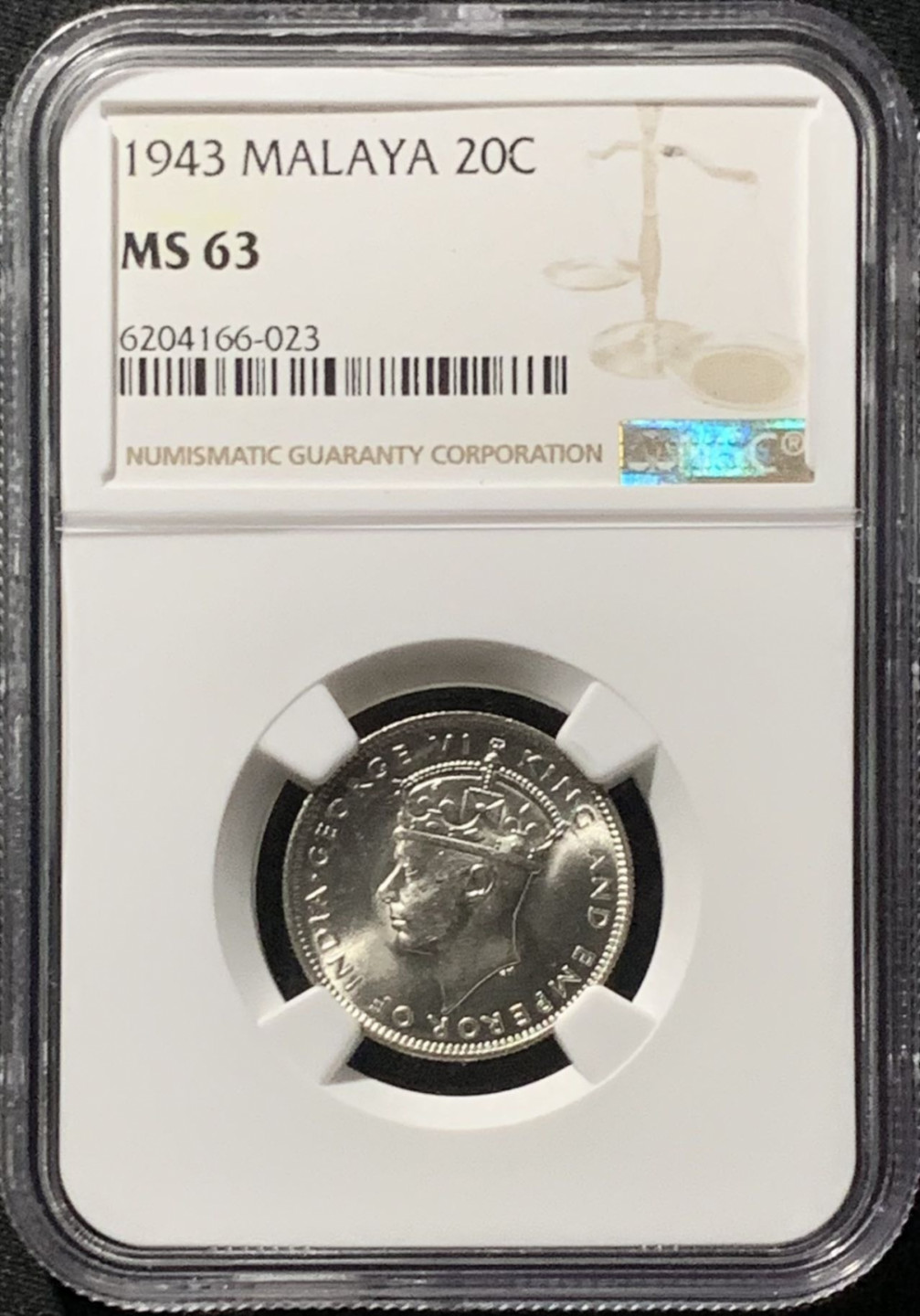 紫瑗钱币——第159期拍卖 马来亚 1943年 乔治六世 20分 银币 NGC MS63