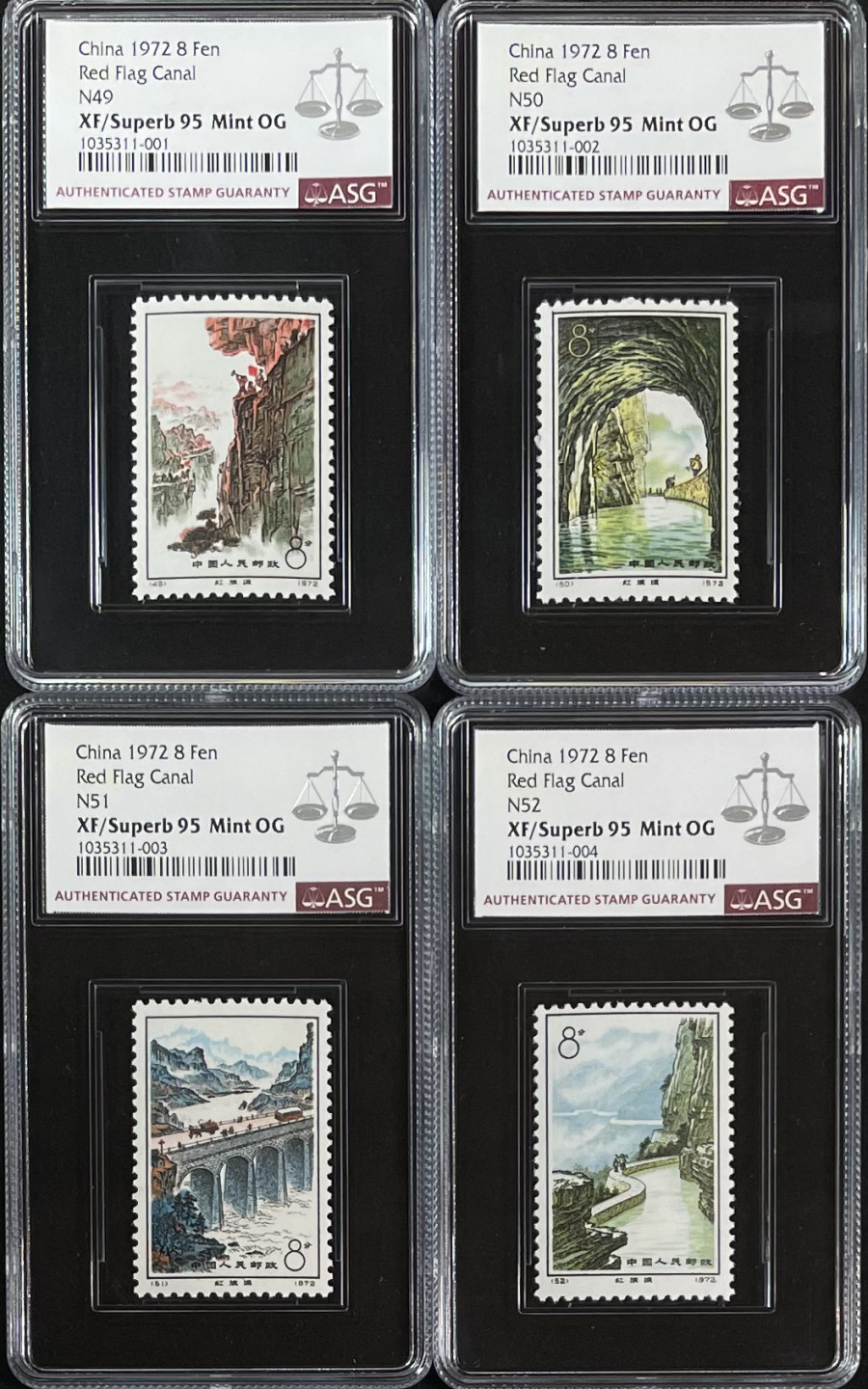 ASG实时拍卖 拍品5 N49-52 红旗渠  ASG 95。最新出分，一次性出分。特别漂亮的品种，故事感人。红旗渠，被世人称之为“人工天河”，在国际上被誉为“世界第八大奇迹”。这套票以雕刻版的线条和点，作出松树山石的轮廓形象和主要层次，辅以影写版的色彩和层次的细部变化，产生了英姿挺拔、瑰丽多彩的印刷效果。起拍价：2200元。 