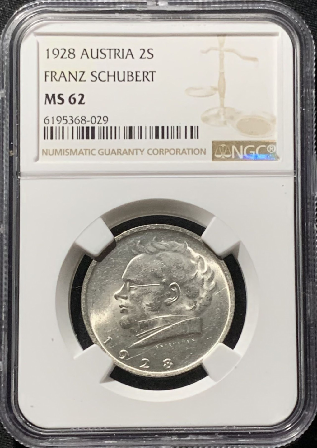 紫瑗钱币——第159期拍卖 奥地利 1928年 舒伯特 2先令 银币 NGC MS62