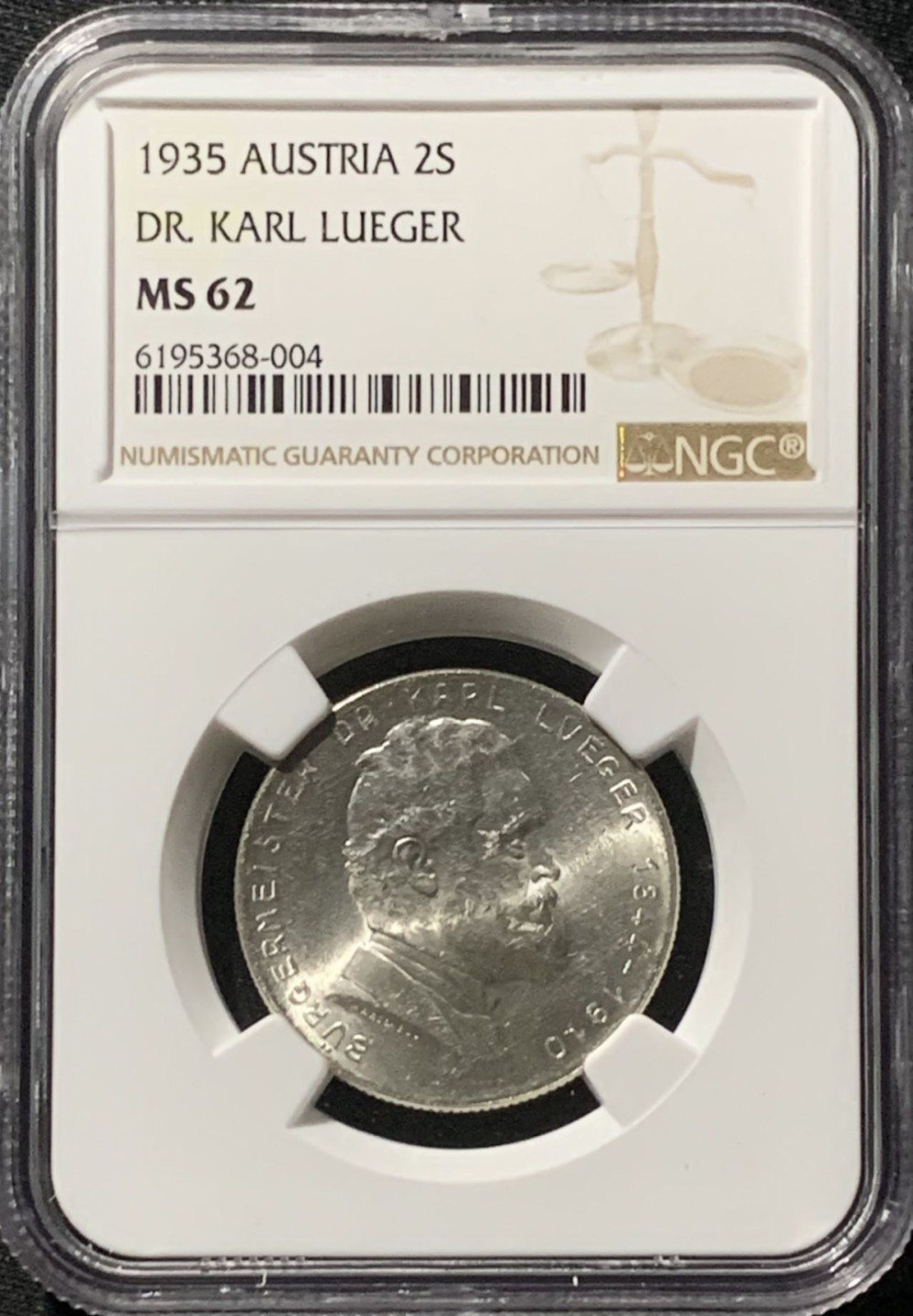 紫瑗钱币——第159期拍卖 奥地利 1935年 卡尔·鲁伊格 2先令 银币 NGC MS62