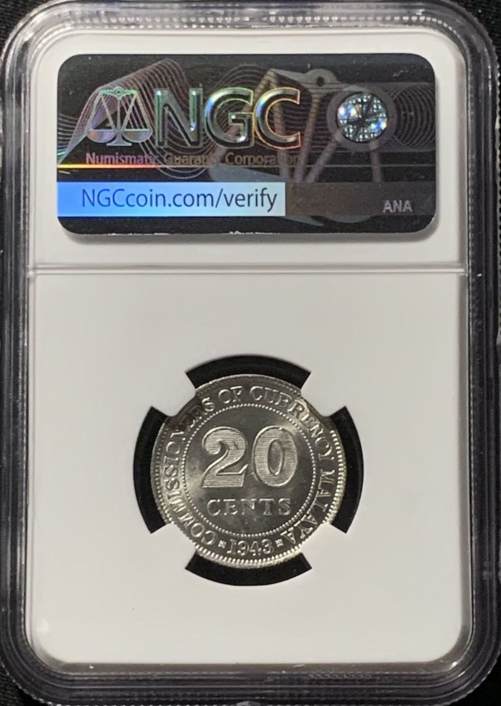 紫瑗钱币——第159期拍卖 马来亚 1943年 乔治六世 20分 银币 NGC MS64