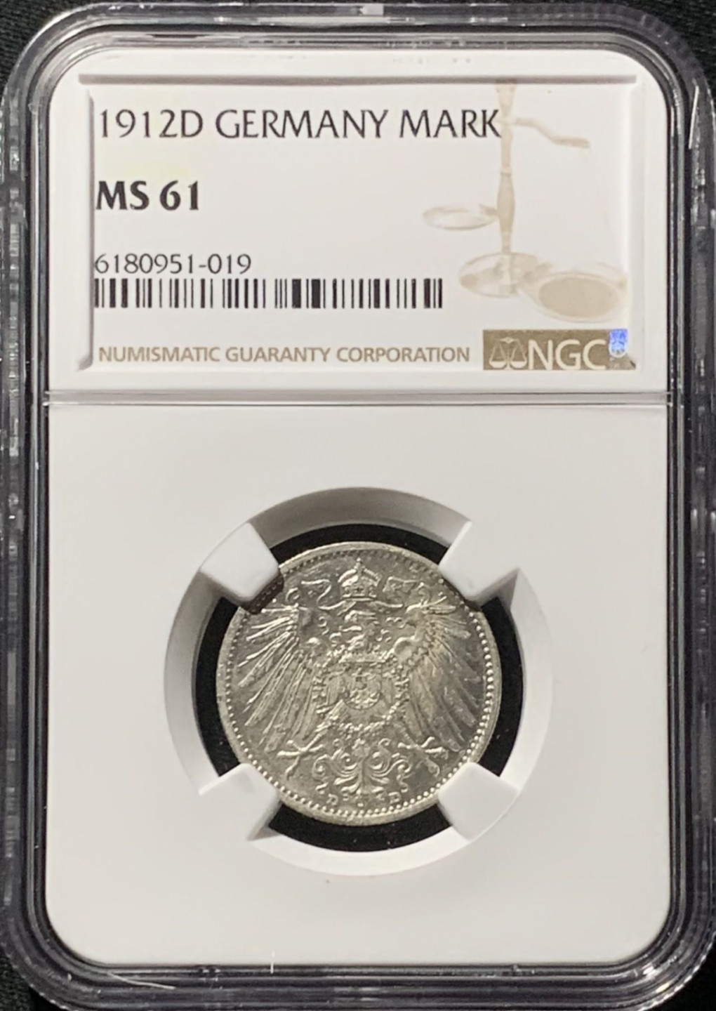 紫瑗钱币——第159期拍卖 德国 1912年 D版 第二帝国 长翅 1马克 银币 NGC MS61